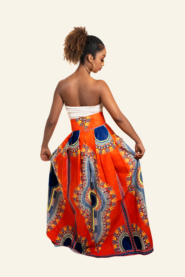 African Print Dupe Maxi Skirt - Orange/Blue - Oludan