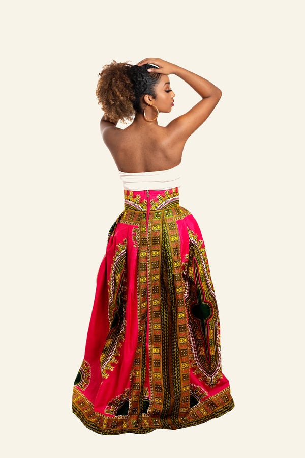 African Print Akai Dashiki Maxi Skirt (Pink/Green) - Oludan