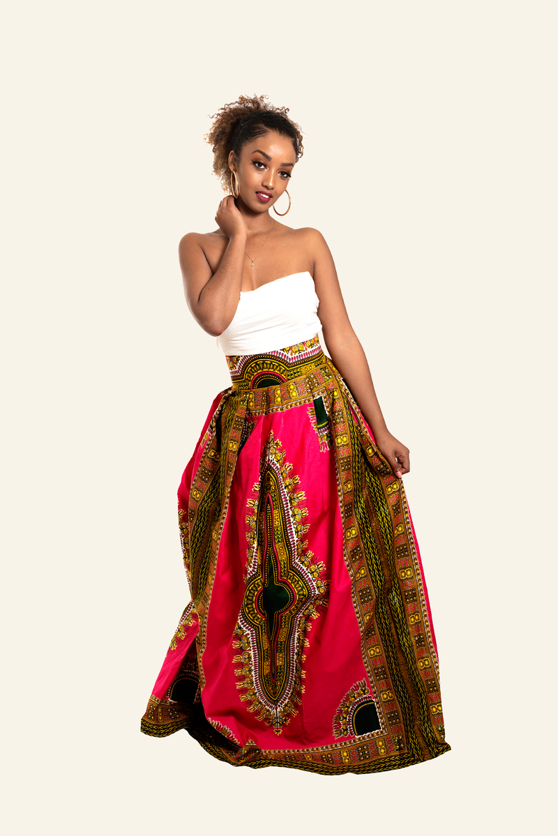 African Print Akai Dashiki Maxi Skirt (Pink/Green) - Oludan