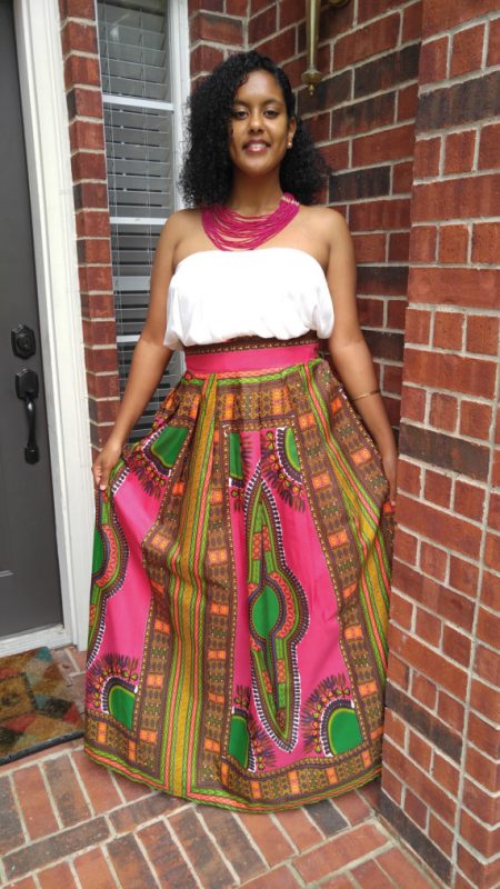 African Print Lielt Dashiki Maxi Skirt (Pink/Green) - Oludan