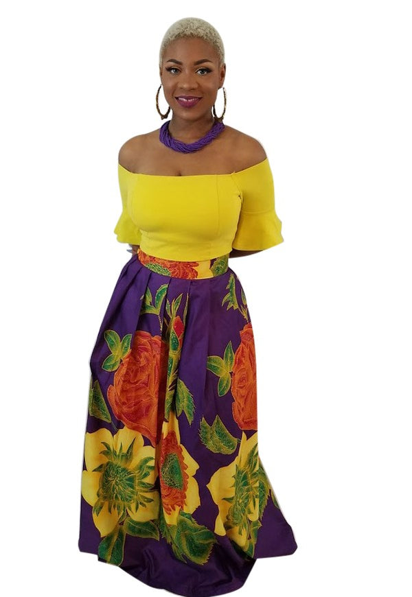 African Print Annie Floral Maxi Skirt - Purple/Yellow - Oludan