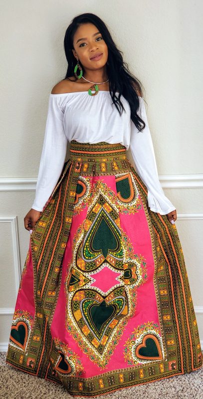 African Print Ife Dashiki Maxi Skirt (Pink/Green) - Oludan