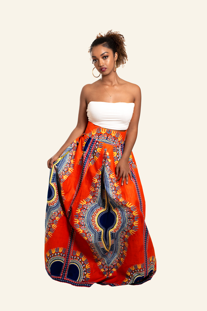 African Print Dupe Maxi Skirt - Orange/Blue - Oludan