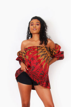 African Print Ari Off The Shoulder Top (Red/Yellow) - Oludan