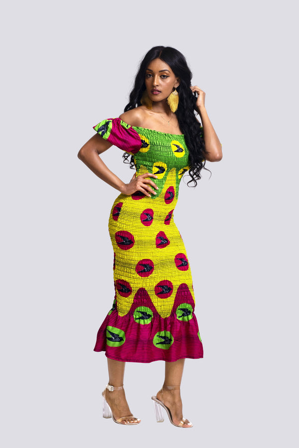 African Print Omo Smocked Midi Dress