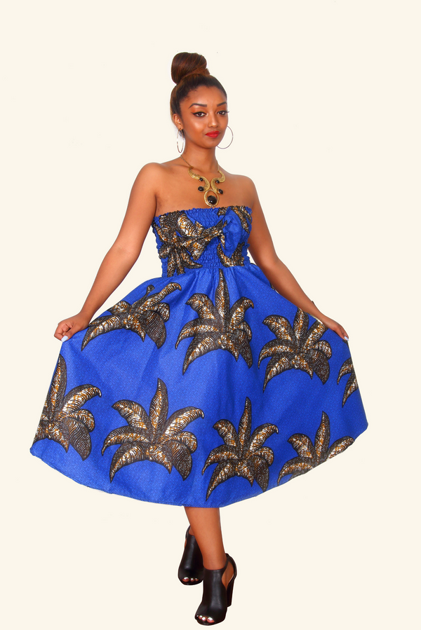 Ronke African Print Midi Dress (Blue/Brown)