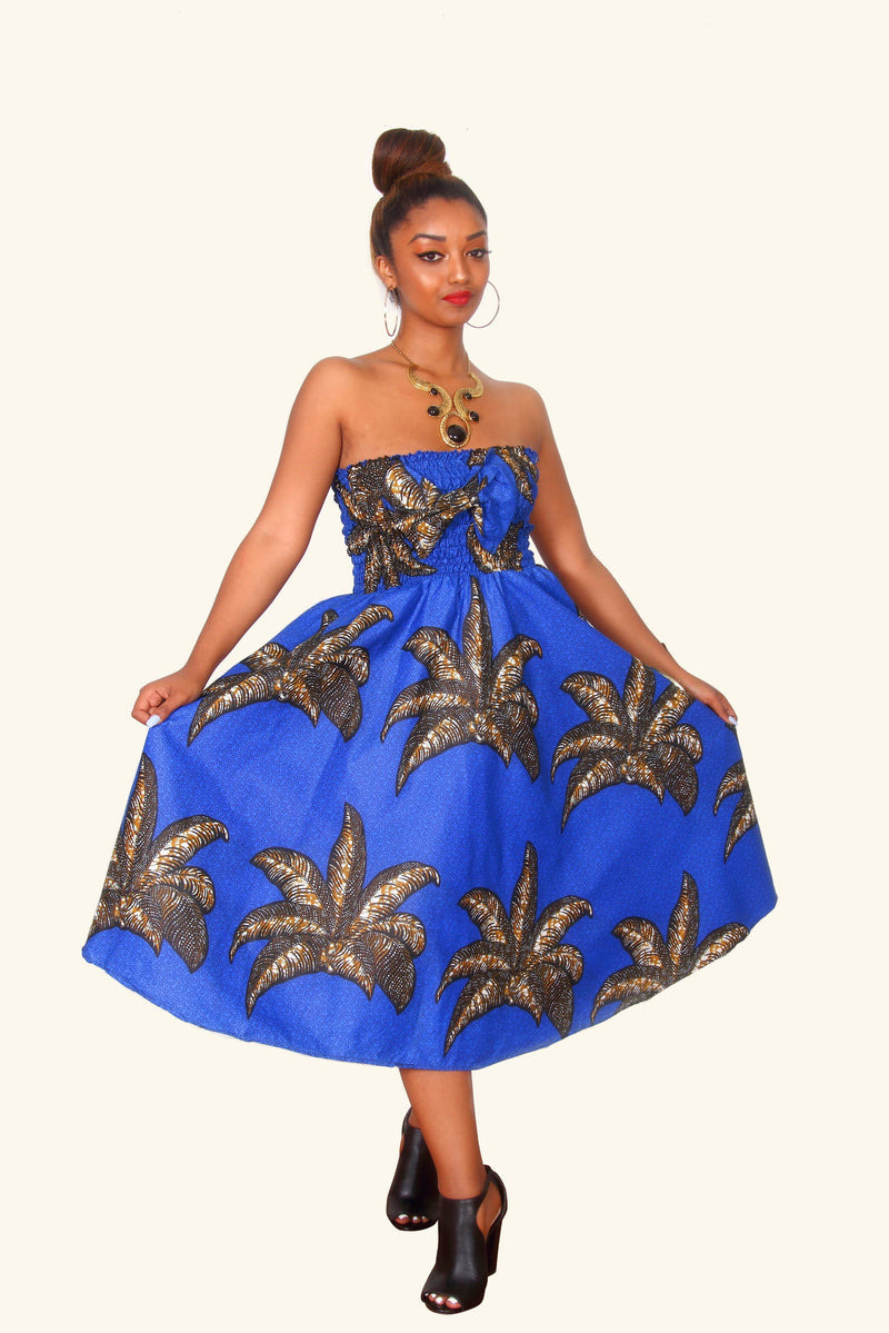 Ronke African Print Midi Dress (Blue/Brown)