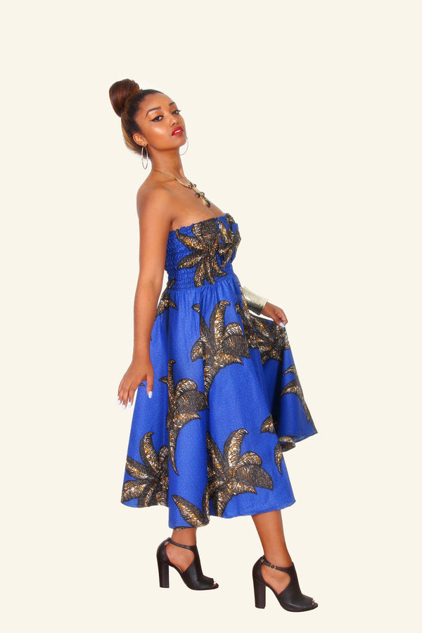 Ronke African Print Midi Dress (Blue/Brown)