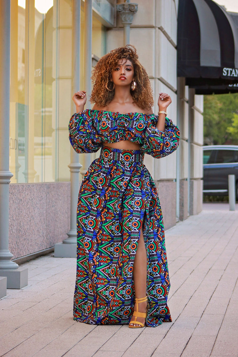 African Print Fanshe Cropped Top And Maxi Skirt Set