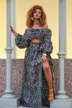 African Print Fanshe Cropped Top And Maxi Skirt Set