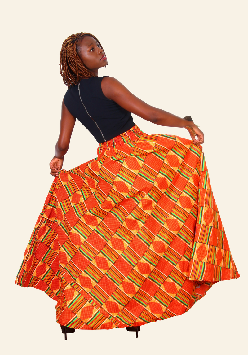 African Skirt Orange Kente With Elastic Waist