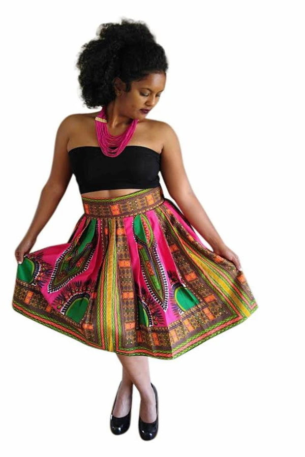African Print Pineen Midi Skirt (Pink/Green) - Oludan