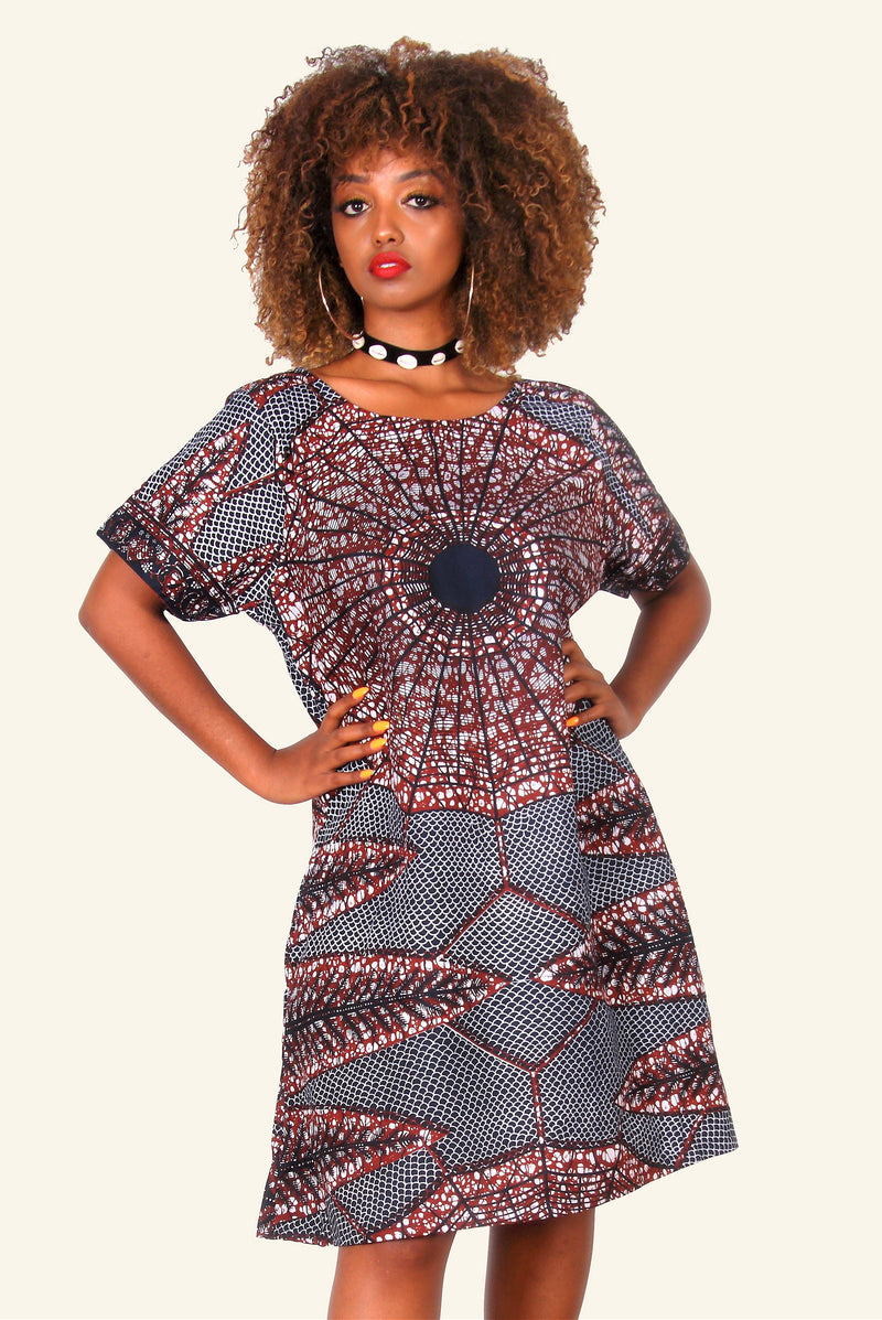 African Print Eniye Midi Dress (Brown/Blue) - Oludan