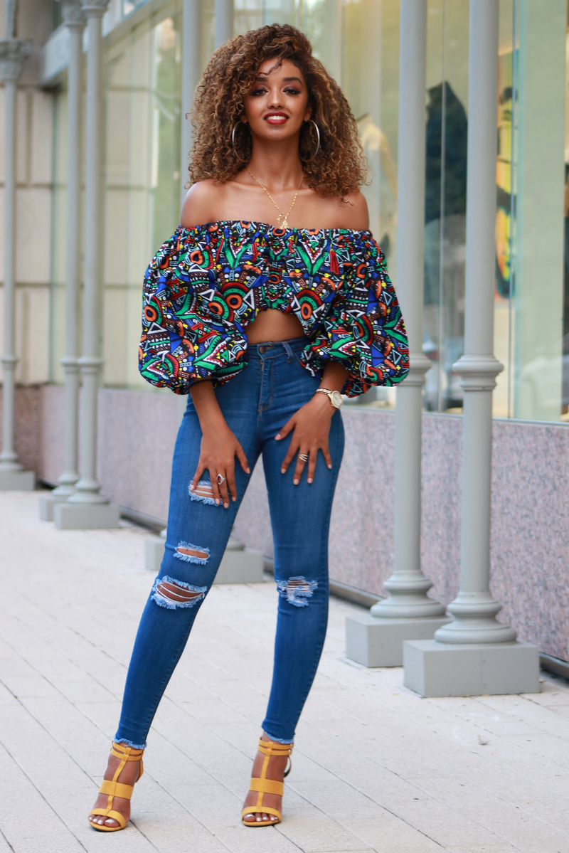 African Print Cropped Fanshe Top