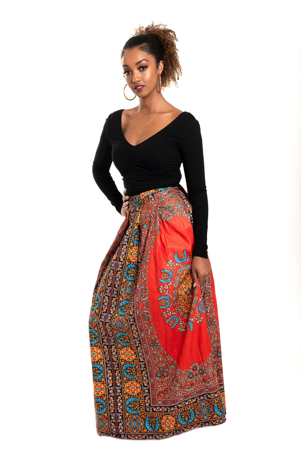 African Print Shola Wrap Maxi Skirt (Red) - Oludan