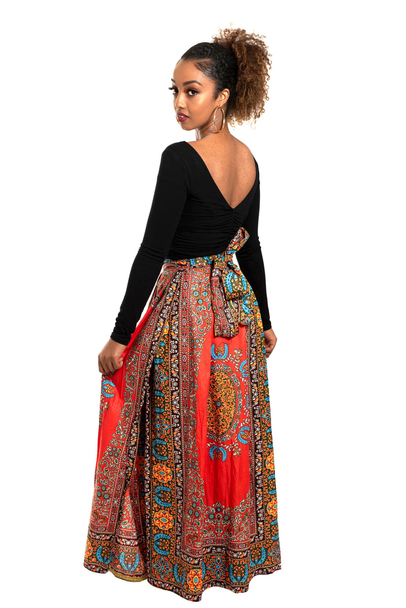 African Print Shola Wrap Maxi Skirt (Red) - Oludan