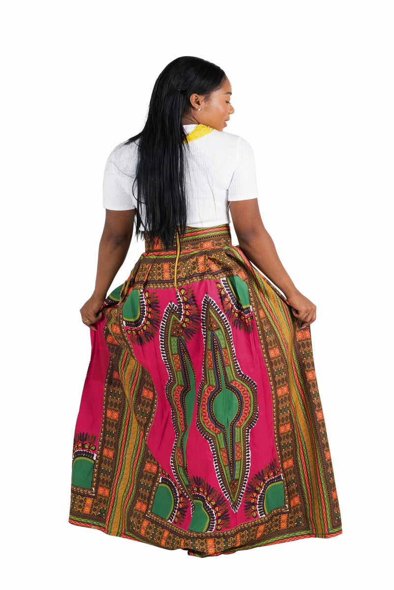 African Print Lielt Dashiki Maxi Skirt (Pink/Green) - Oludan