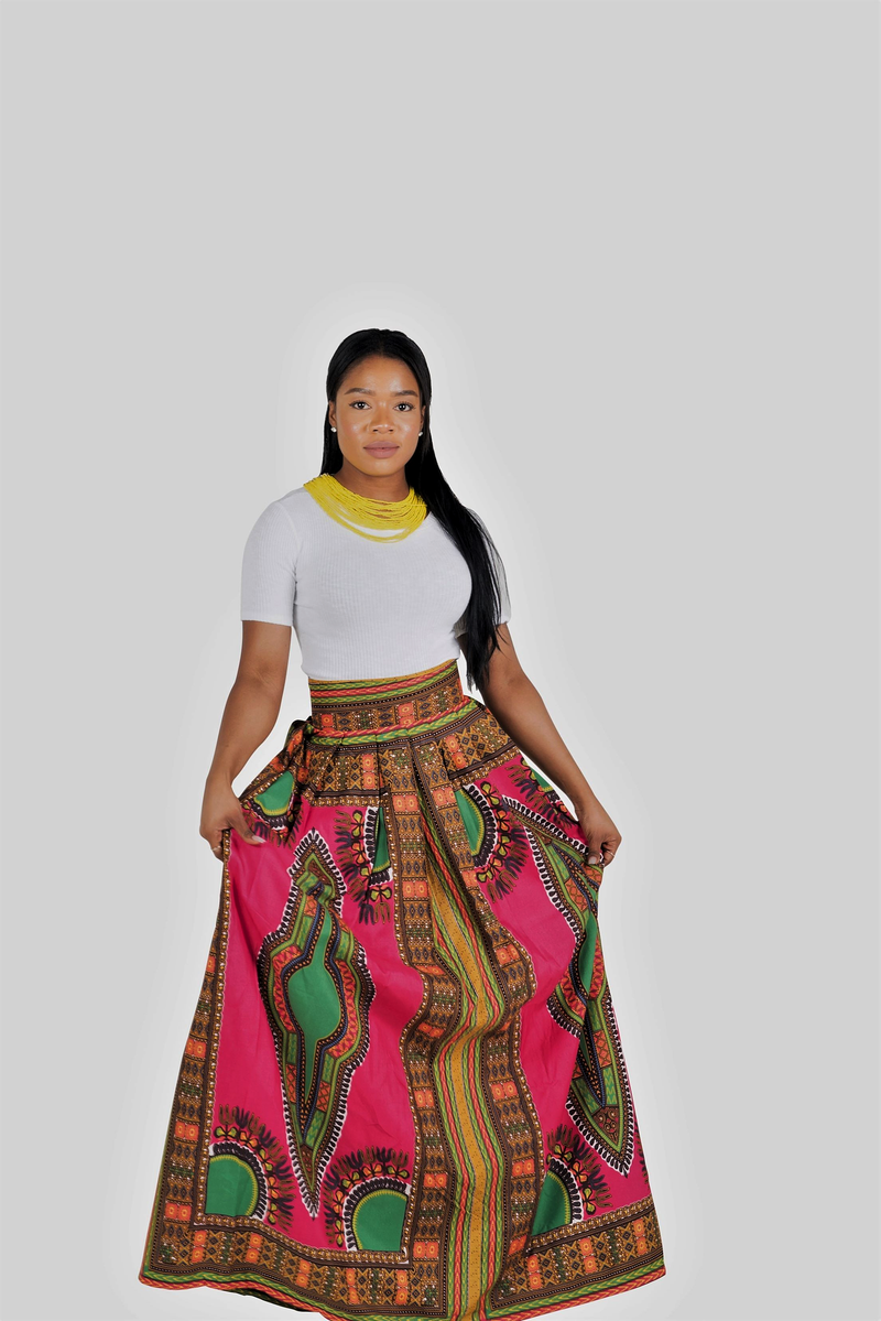 African Print Lielt Dashiki Maxi Skirt (Pink/Green)