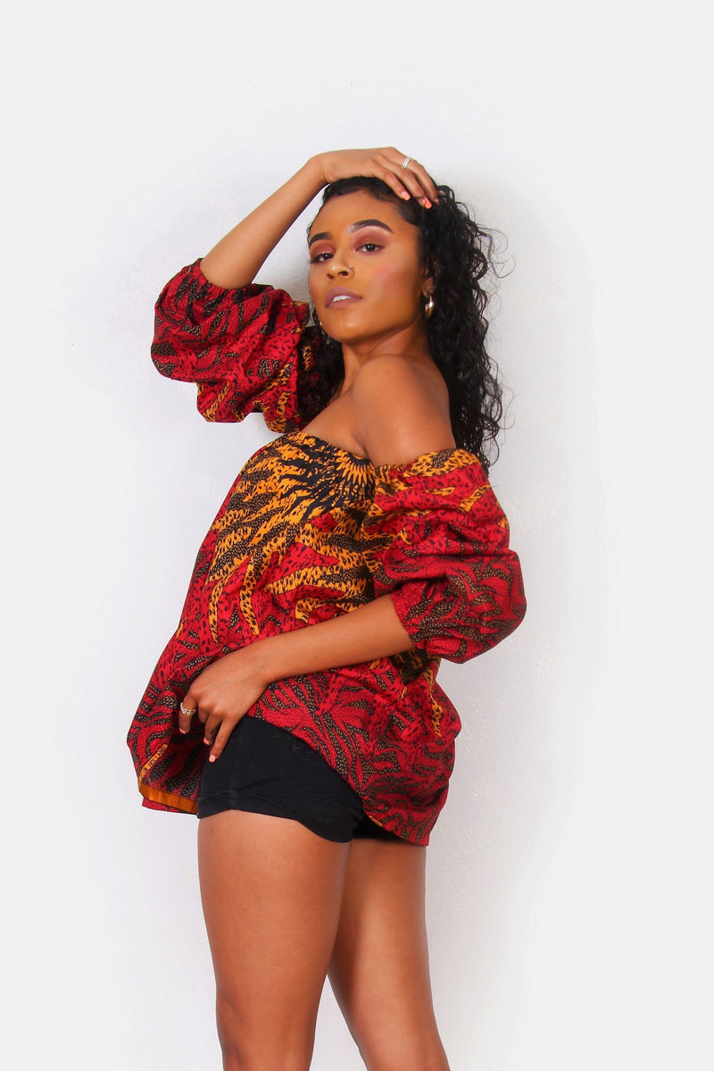 African Print Ari Off The Shoulder Top (Red/Yellow) - Oludan