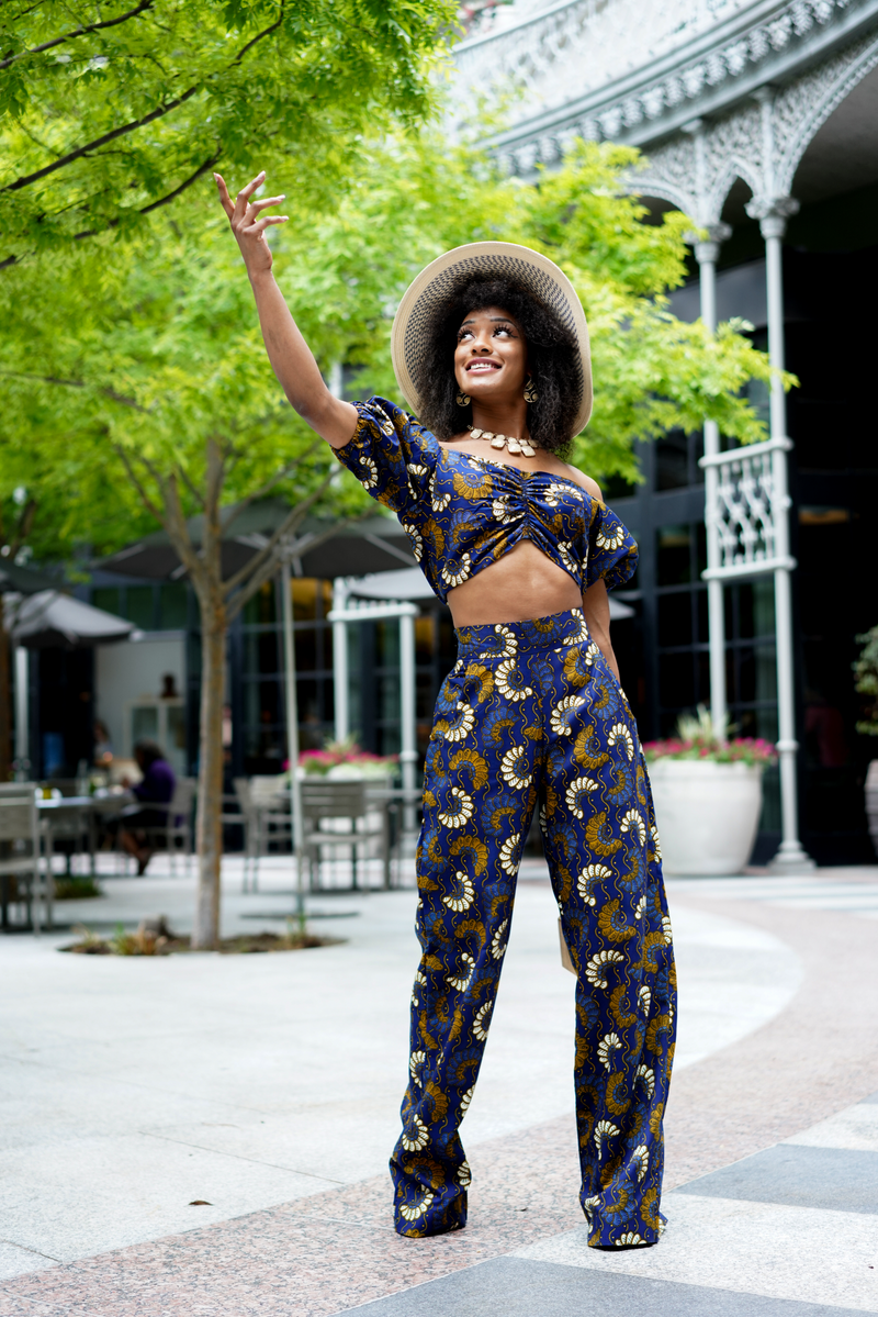 African Print Kofo Cropped Top And Wide Leg Pants Set