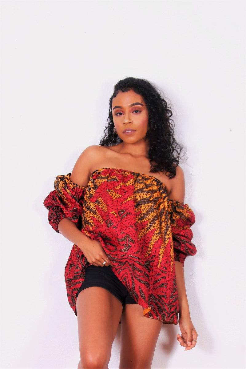 African Print Ari Off The Shoulder Top (Red/Yellow) - Oludan