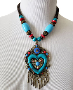 Turquoise Heart African Tribal Wooden Necklace - Oludan