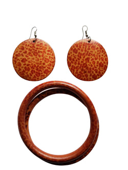 Leo African Wooden Earrings & Bangles Set (Brown) - Oludan