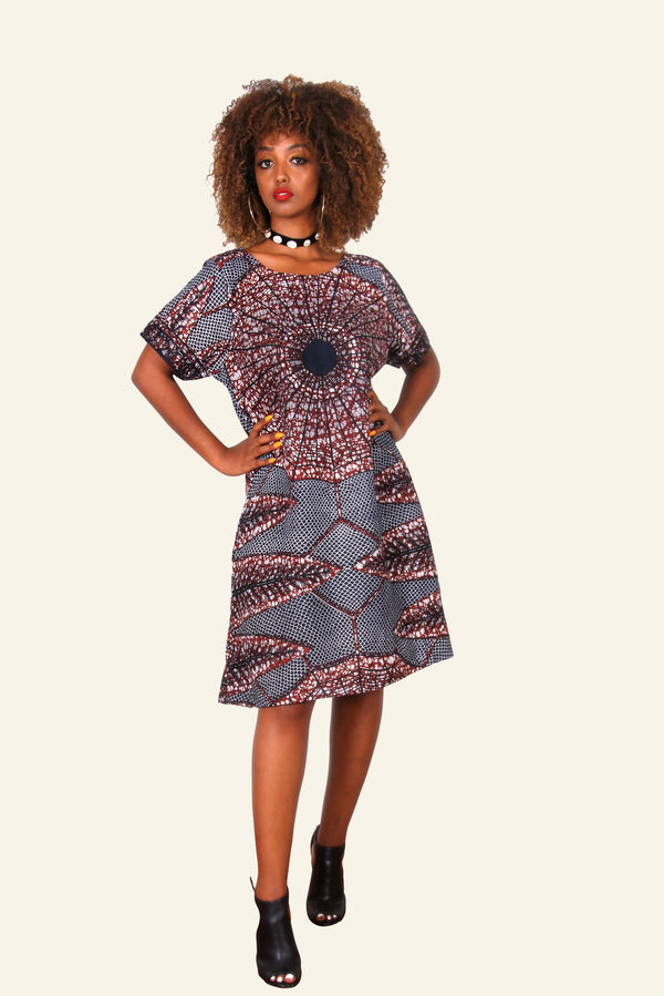 African Print Eniye Midi Dress (Brown/Blue) - Oludan