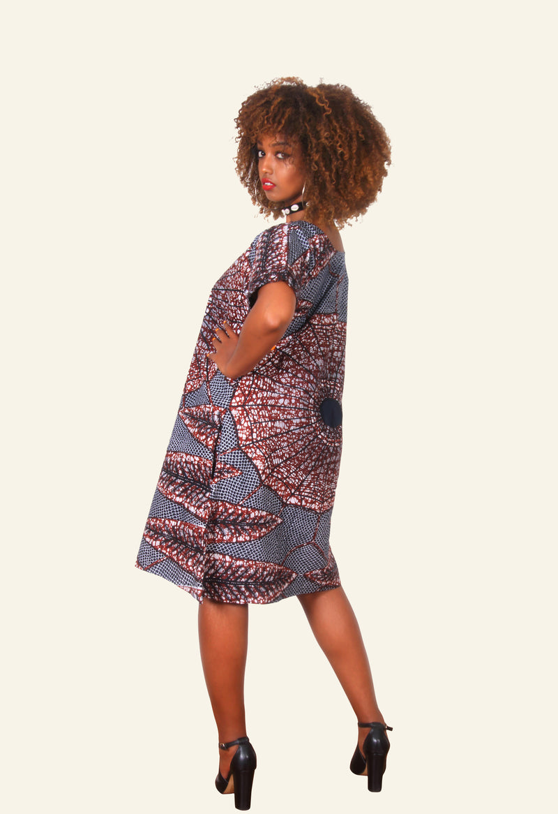 African Print Eniye Midi Dress (Brown/Blue) - Oludan