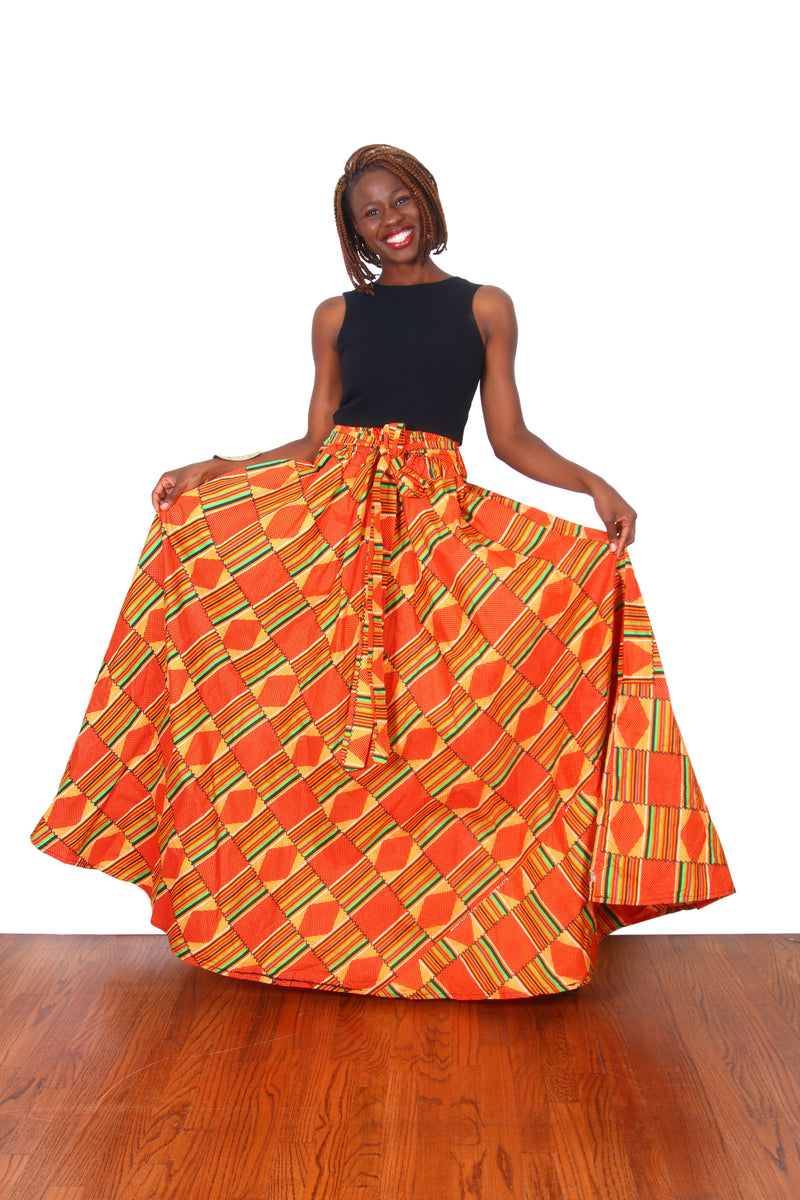 African Skirt Orange Kente With Elastic Waist - Oludan