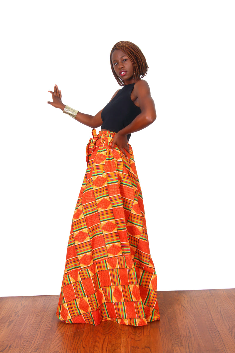 African Skirt Orange Kente With Elastic Waist - Oludan