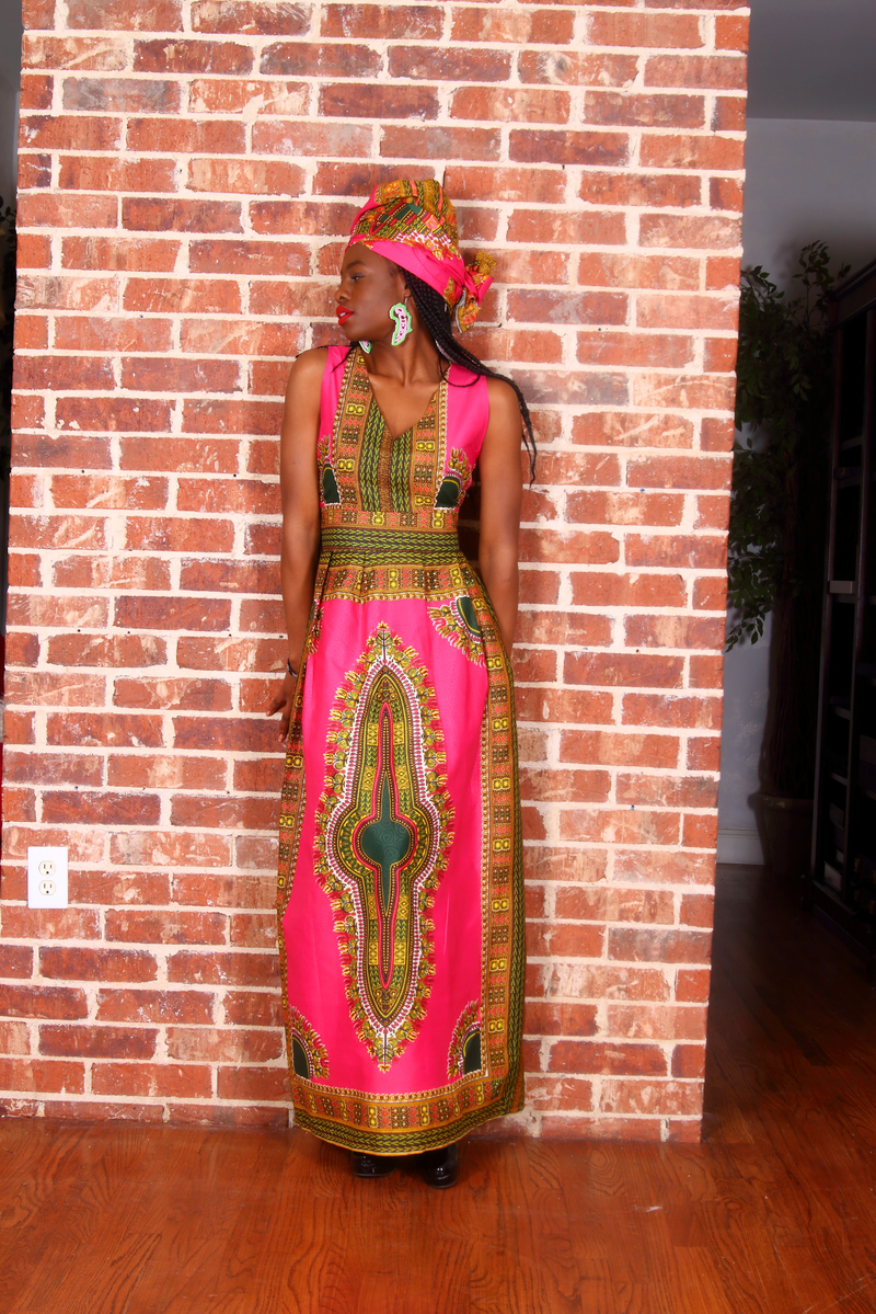 Akai Dashiki Maxi Dress (Pink/Green)