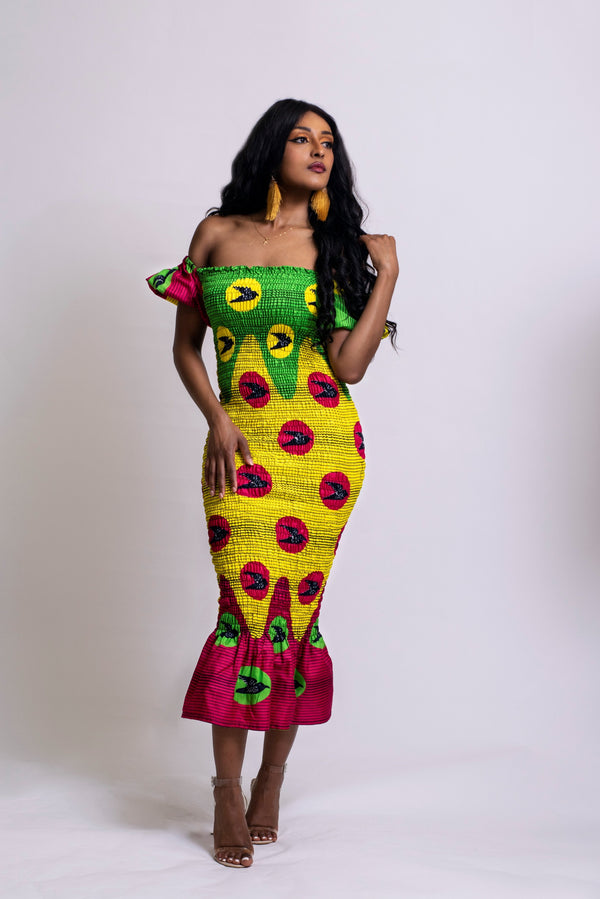 African Print Omo Smocked Midi Dress